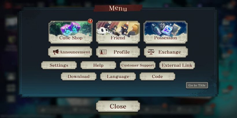 Menu screen open showing code button in lower right