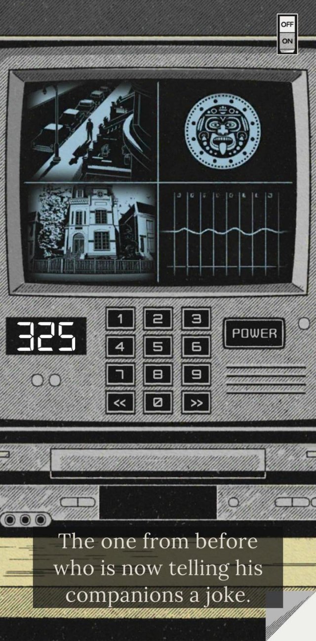a monitor for security and a voiceover describing a puzzle